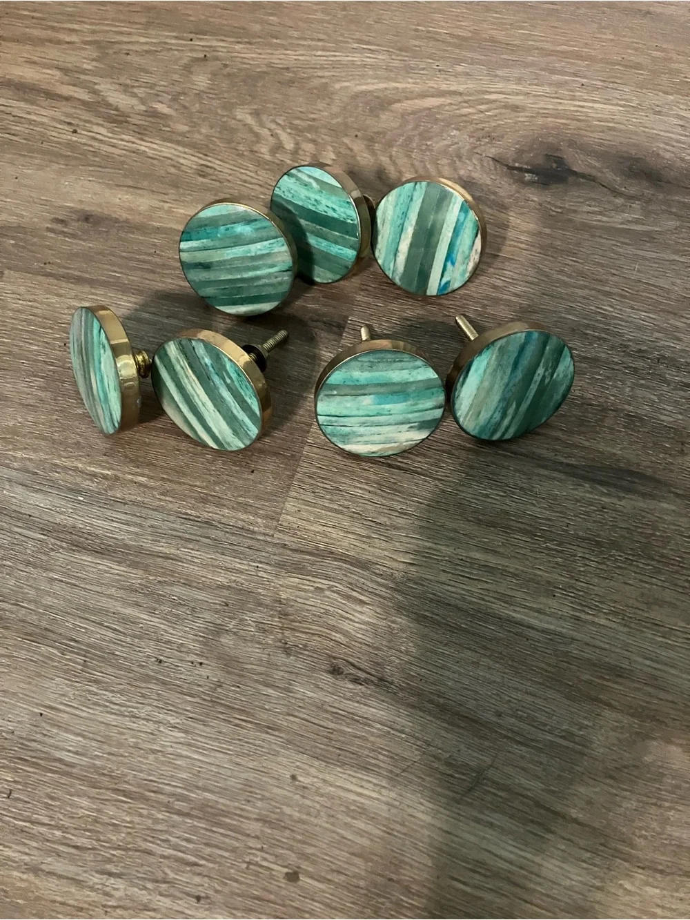 Brass Accent Cabinet Knobs with Green Striped Inlay - Set of 7